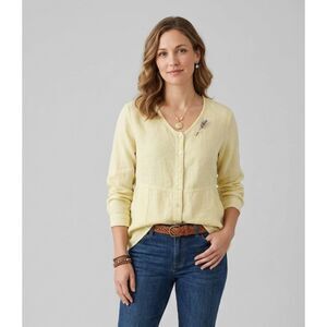 FLAX 100% Linen Butter Yellow Button Down Blouse Adjustable Waist Small